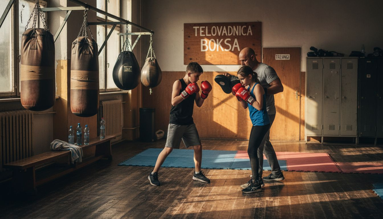 V telovadnici dva obetavna boksarja pilita svojo tehniko pod budnim očesom trenerja.