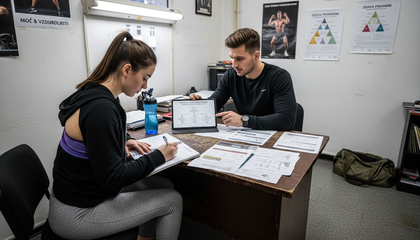 Trener in stranka skupaj načrtujeta trening v pisarni fitnesa