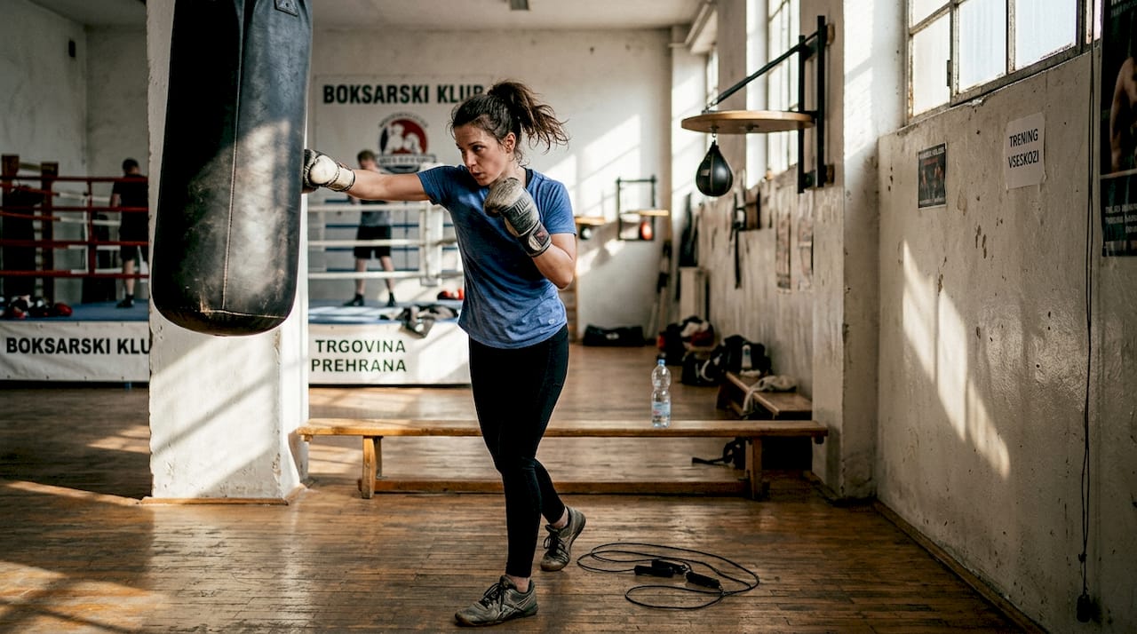 Ženska trenira boks v starejšem, a še vedno živahnem fitnesu.