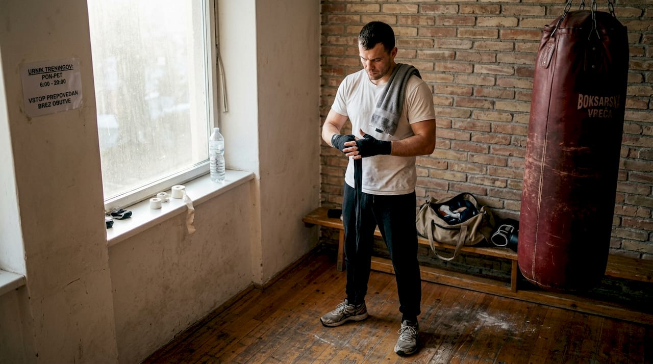 Boksar si zgodaj zjutraj pripravlja opremo in misli na trening, ki ga čaka. Še pred sončnim vzhodom si zaveže rokavice in se osredotoči na nov dan, poln izzivov.