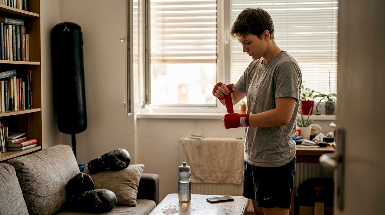 Boksar si v dnevni sobi pripravlja povoje za roke.