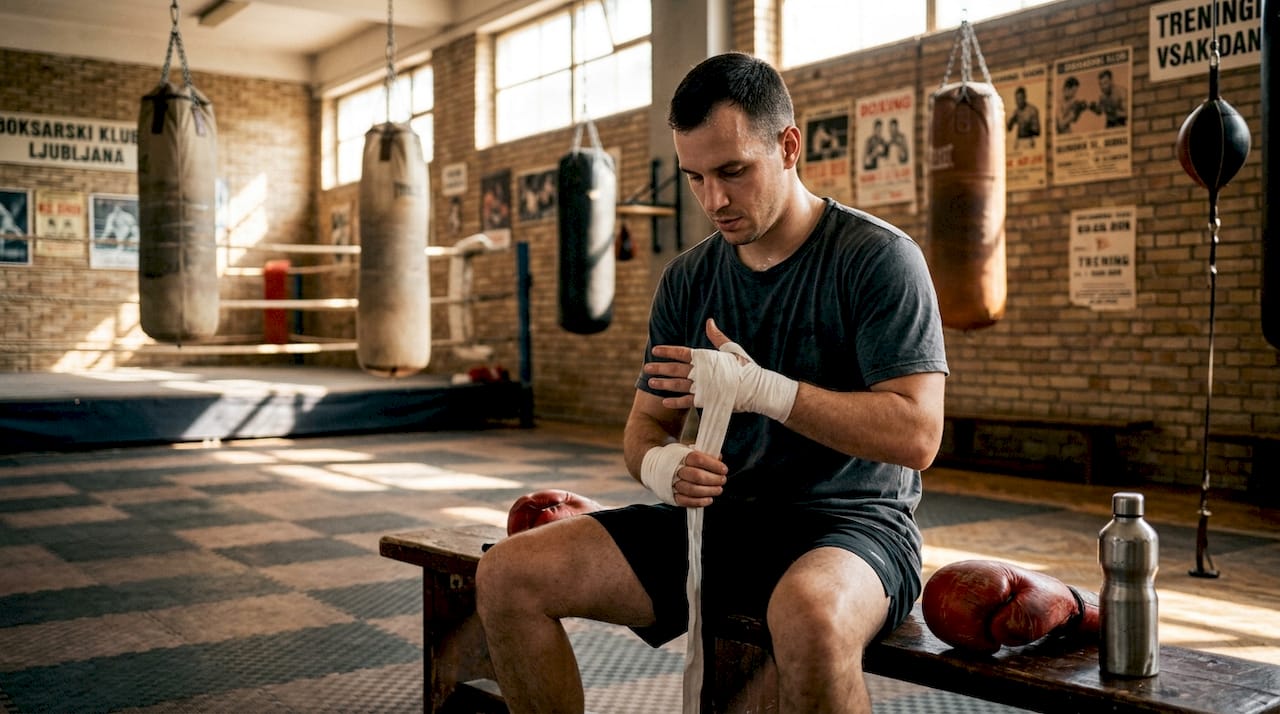 V sončno obsijani telovadnici si boksar pred treningom previdno povije roke.