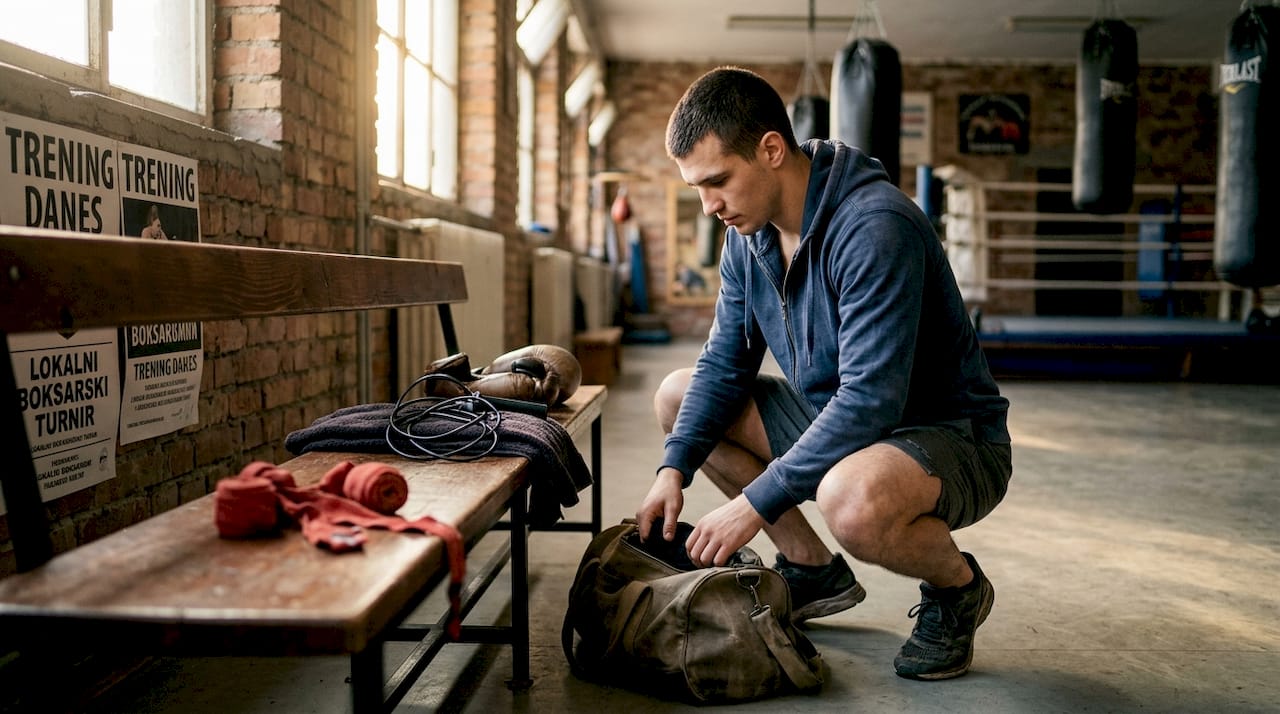 Boksar si pred treningom pripravi torbo z opremo